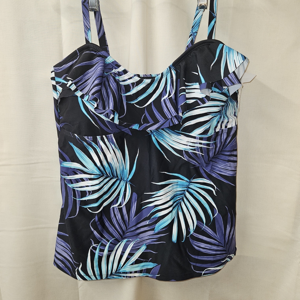 Ruffled Tankini Top in Black with Blue & Purple Leaf Print